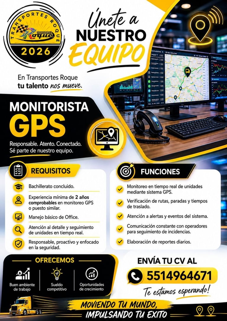 Job recruitment flyer for GPS Monitor position at Transportes Roque, listing requirements and functions with company contact number