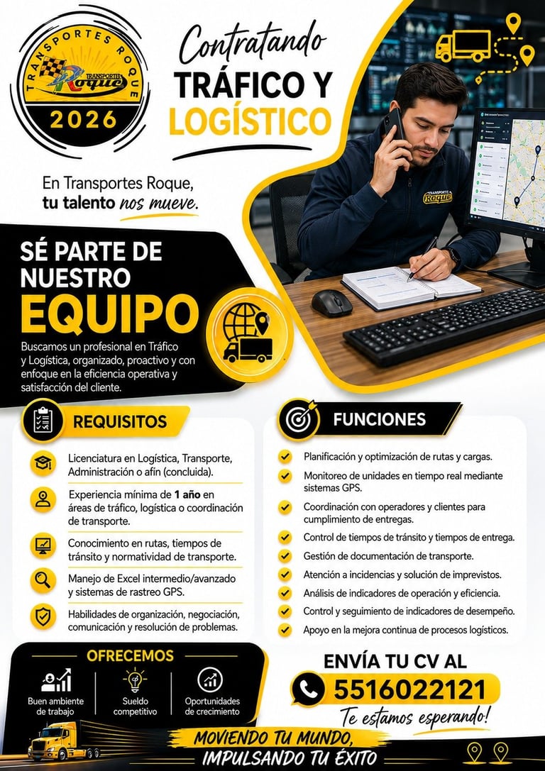 Job recruitment poster for Traffic and Logistics Coordinator position at Transportes Roque with requirements, functions, and contact information