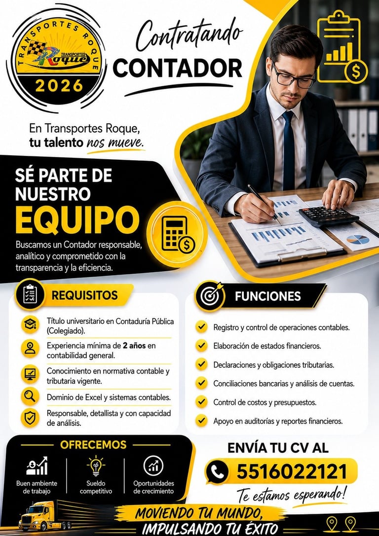Job recruitment poster for accountant position at Transportes Roque, featuring professional man at desk with requirements and contact number 5516022121
