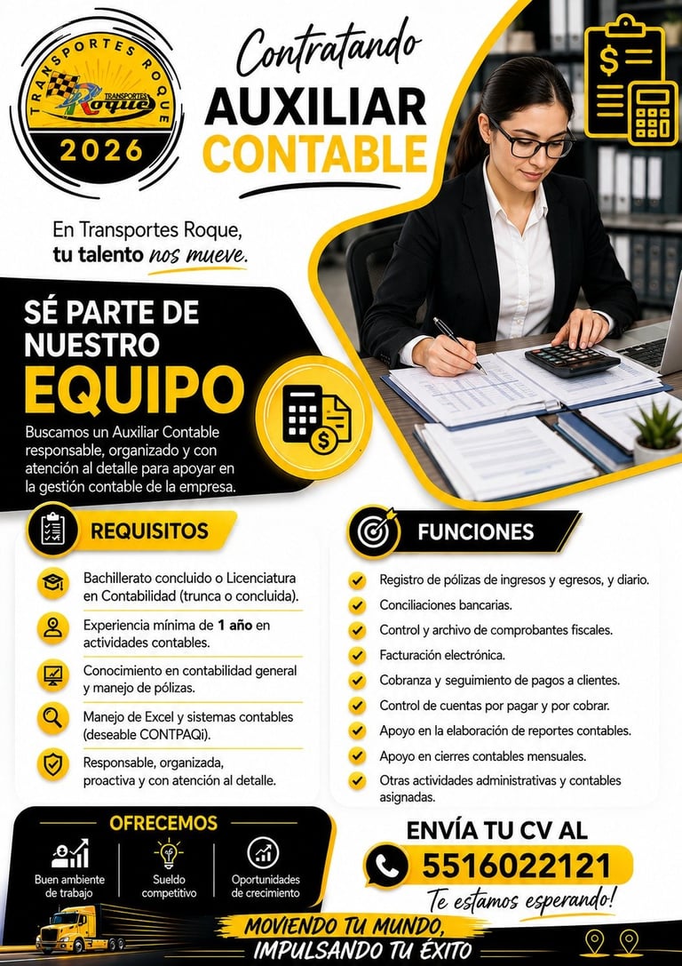 Job recruitment flyer for Auxiliary Accountant position at Transportes Roque, featuring professional woman working at desk with accounting requirements and duties listed