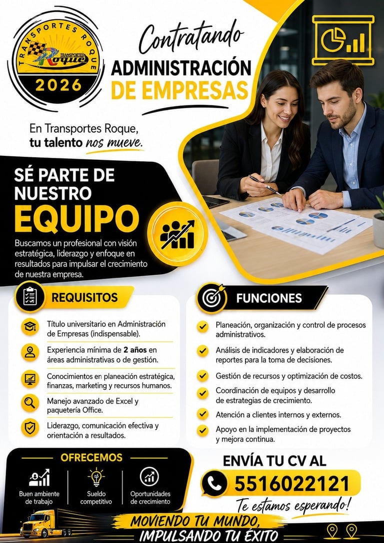 Job recruitment poster for Business Administration position at Transportes Roque, featuring two professionals and position requirements and duties in Spanish